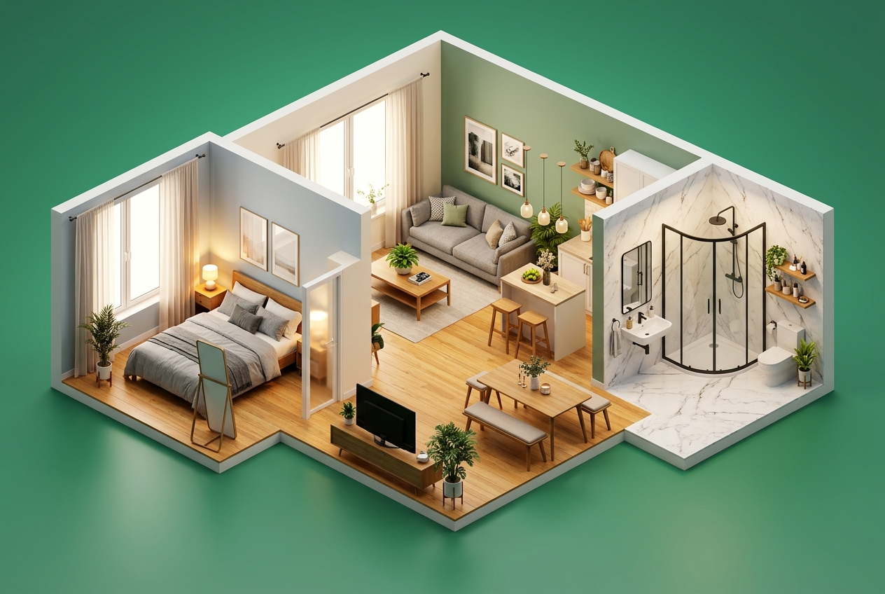 Plan 3D d'un logement vu de dessus