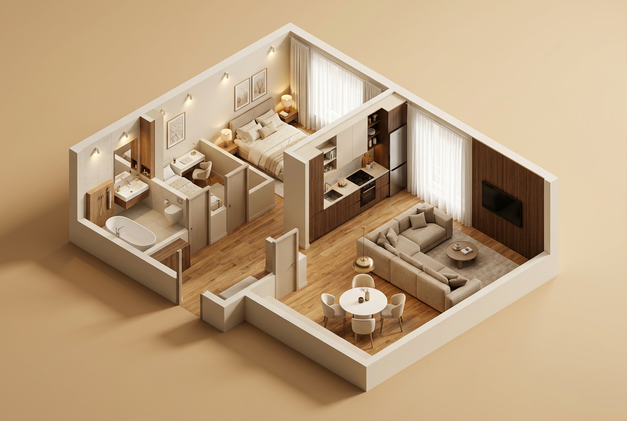 Plan 3D — Appartement Cocon Pierres Apparentes
